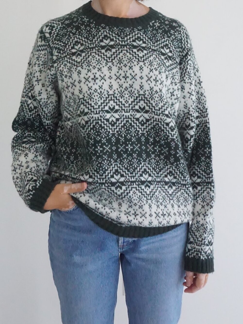 Vintage Real Life Green White Fair Isle Nordic Scandinavian Snowflake Sweater S